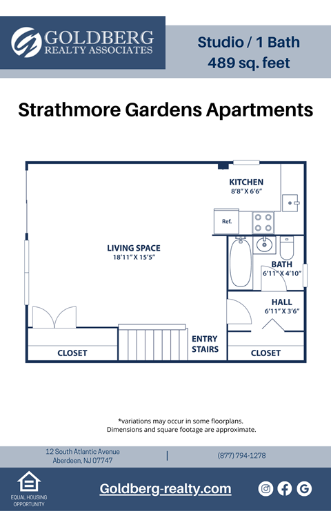 Floor plan for studio, 1 bath, 489 sqft