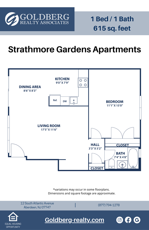 Floor plan for 1 bed, 1 bath, 615 sqft