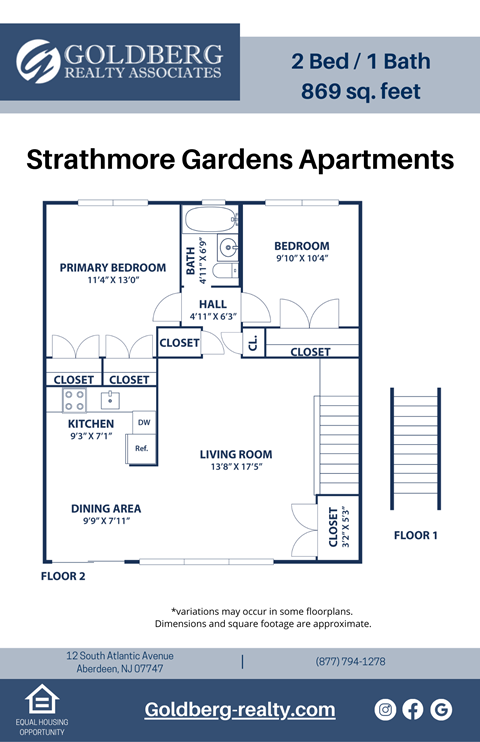 Floor plan for 2 beds, 1 bath, 869 sqft