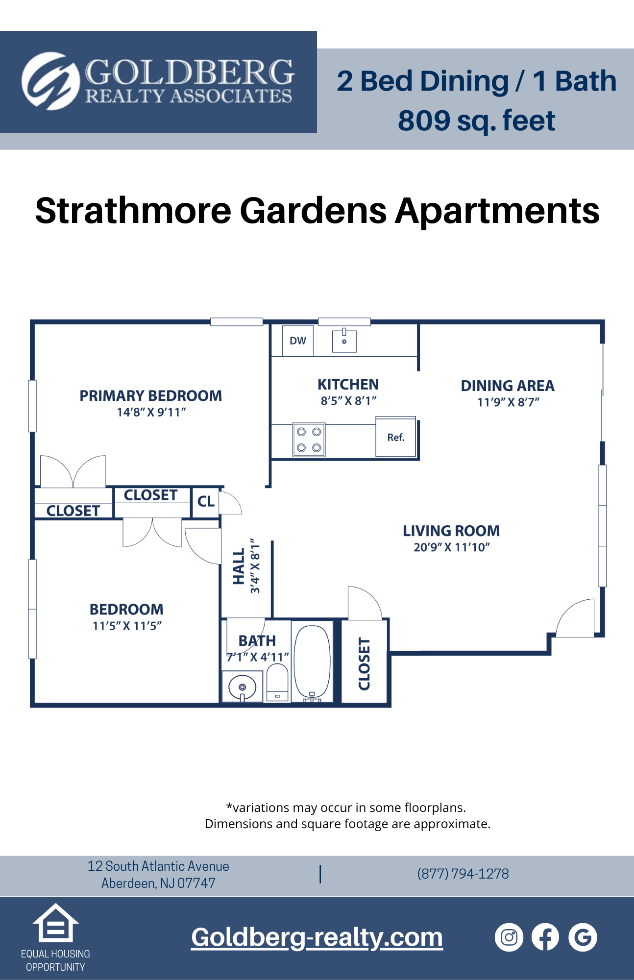 Floor plan for 2 beds, 1 bath, 809 sqft