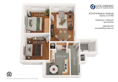 Floor plan for 2 beds, 1 bath, 648 sqft