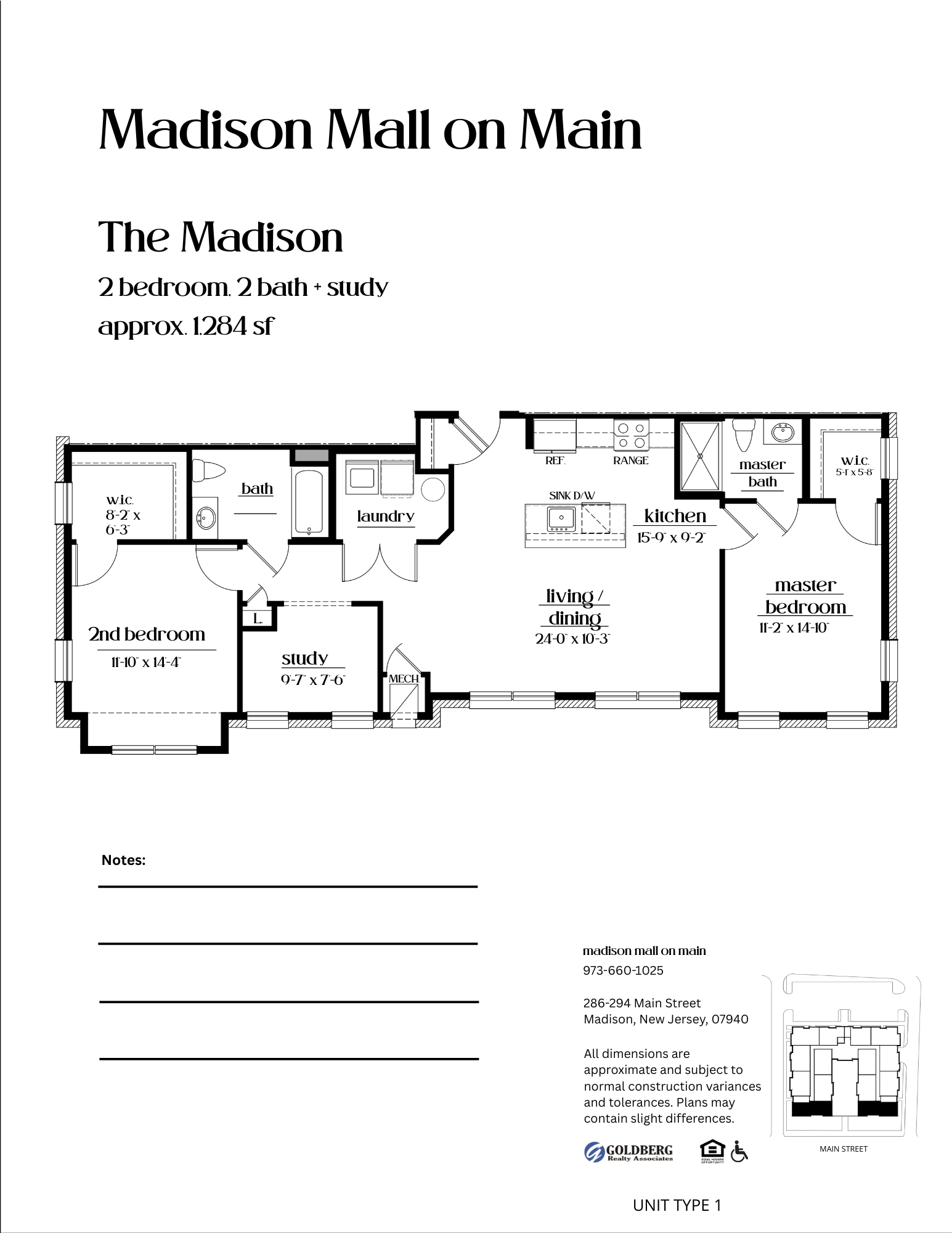 Floor plan for 2 beds, 2 baths, 1265 sqft