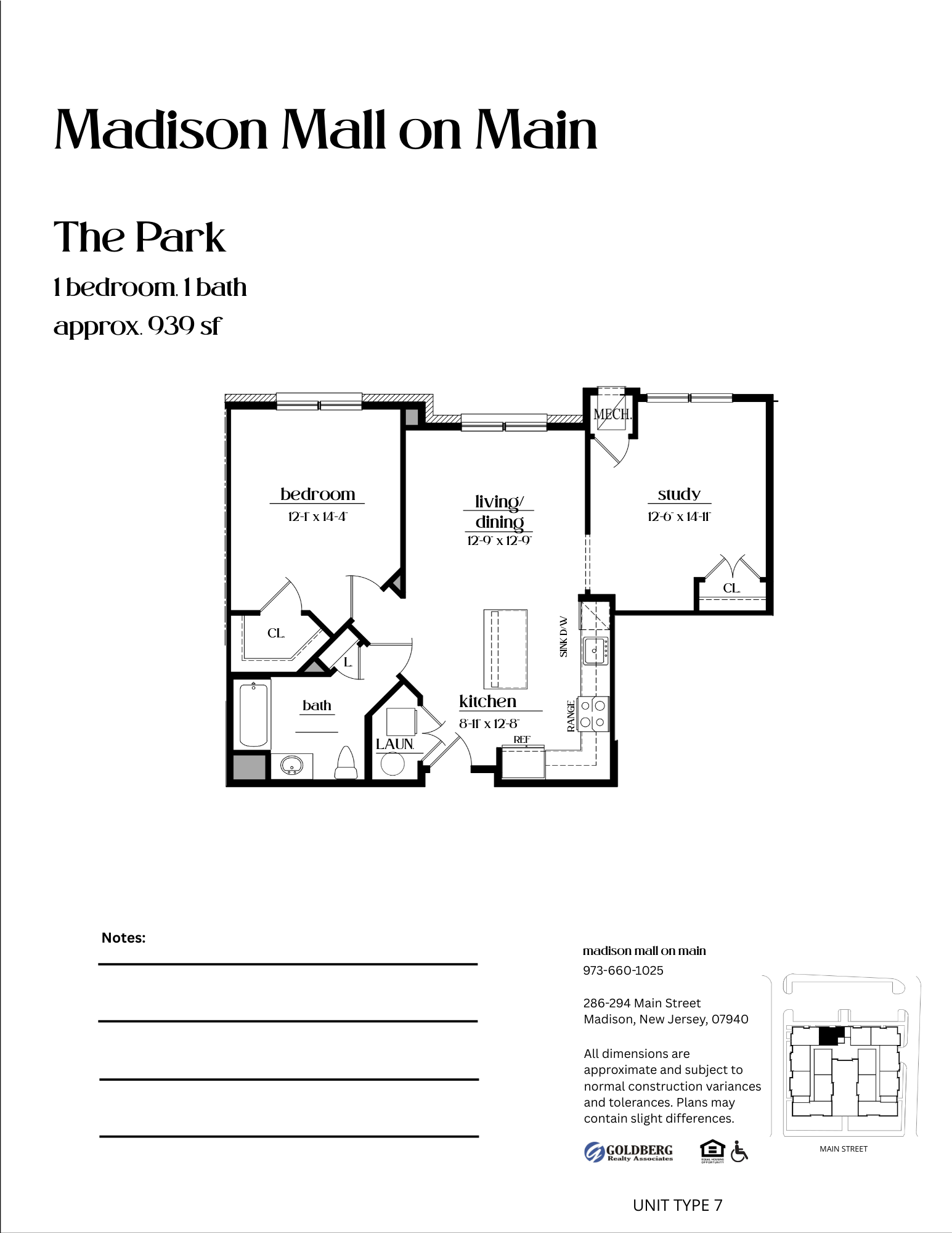 Floor plan for 1 bed, 1 bath, 939 sqft