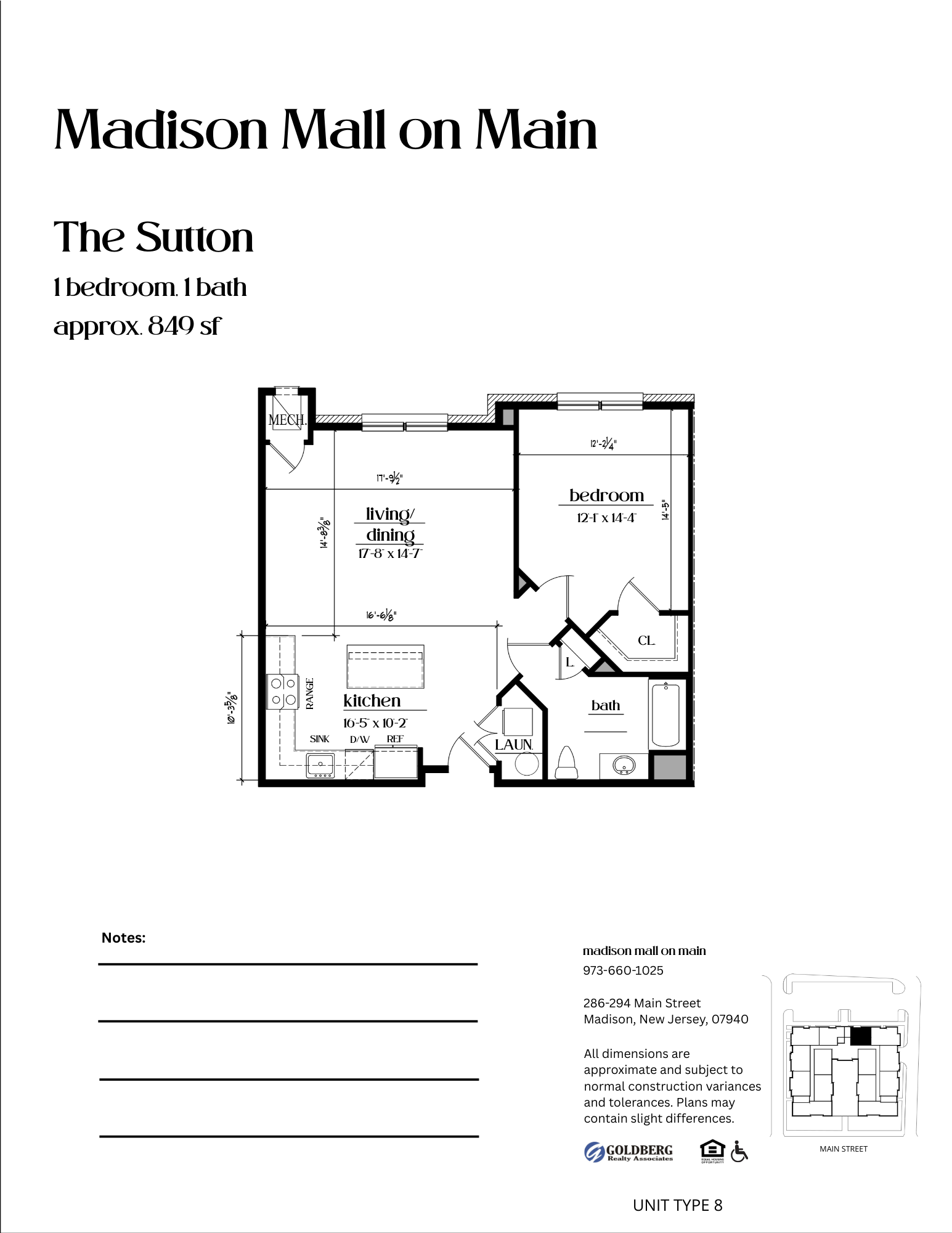 Floor plan for 1 bed, 1 bath, 849 sqft