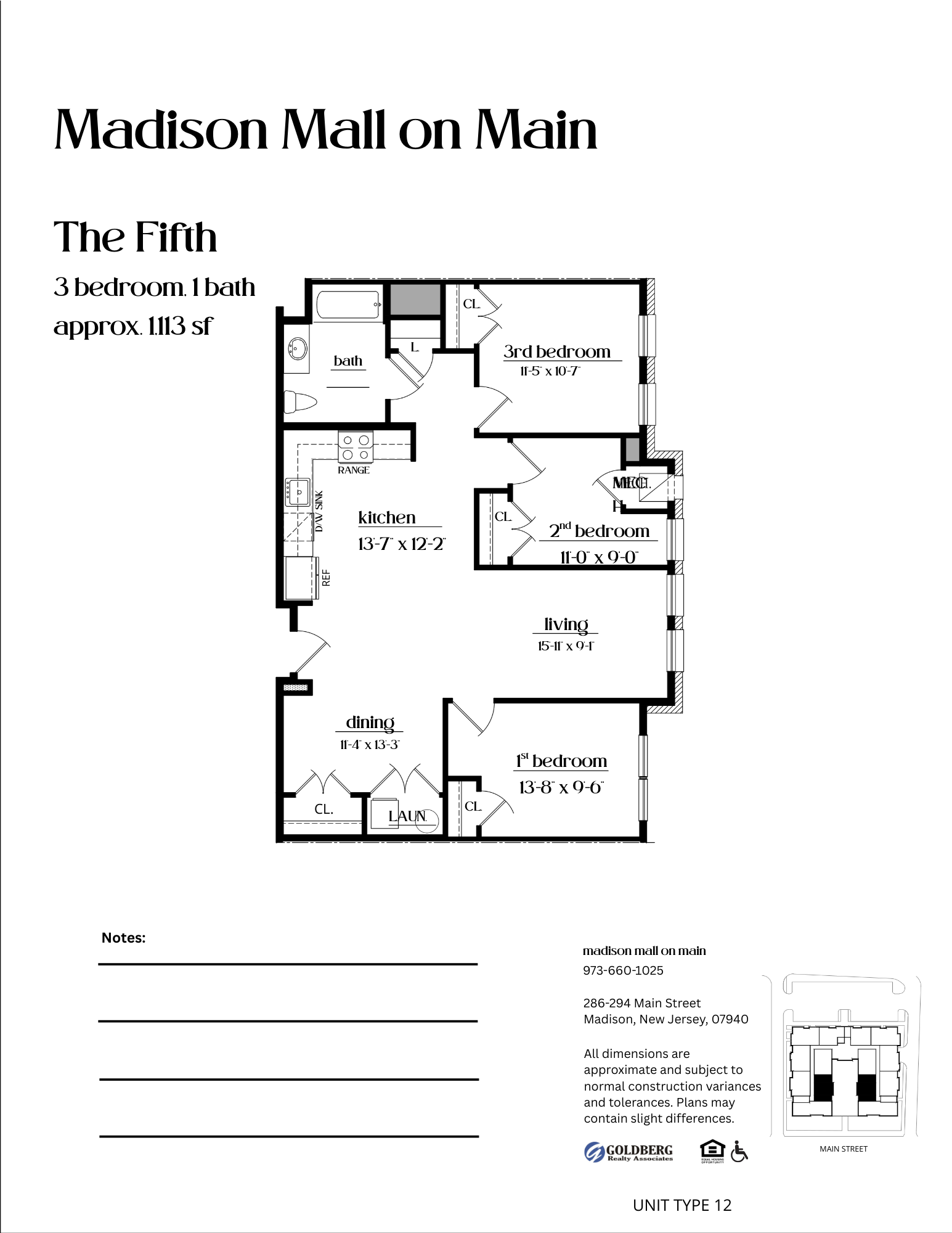 Floor plan for 3 beds, 1 bath, 1113 sqft