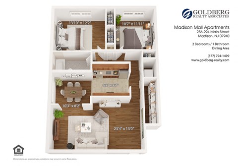 Floor plan for 2 beds, 1 bath, 1080 sqft