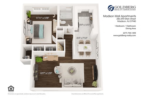 Floor plan for 1 bed, 1 bath, 800 sqft