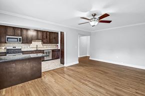Verona apartment for rent - an empty living room with a kitchen and a ceiling fan
