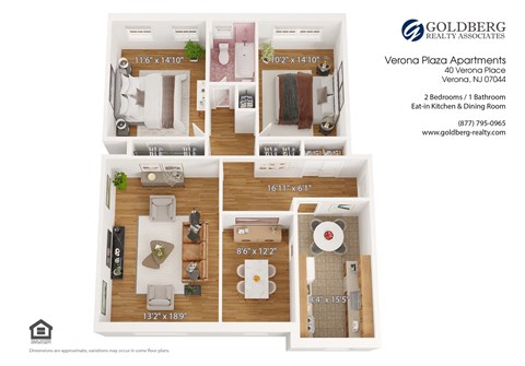 Floor plan for 2 beds, 1 bath, 990 sqft