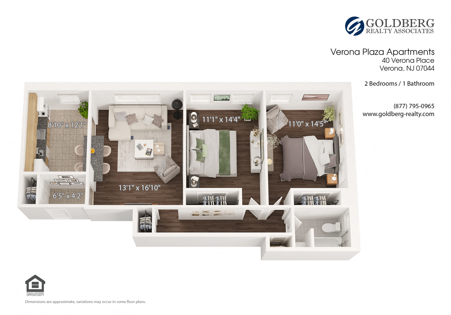 Floor plan for 2 beds, 1 bath, 1145 sqft