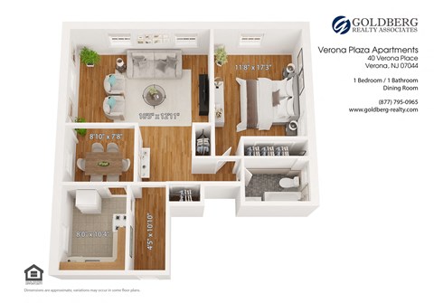 Floor plan for 1 bed, 1 bath, 890 sqft