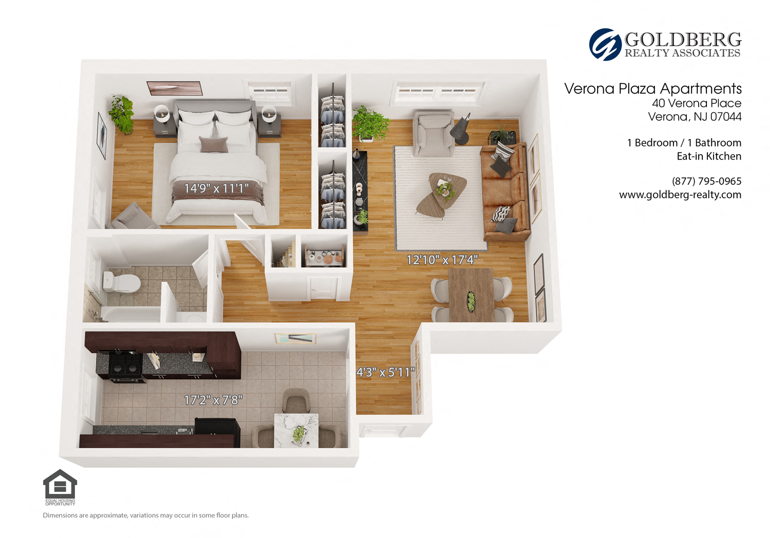 Floor plan for 1 bed, 1 bath, 760 sqft
