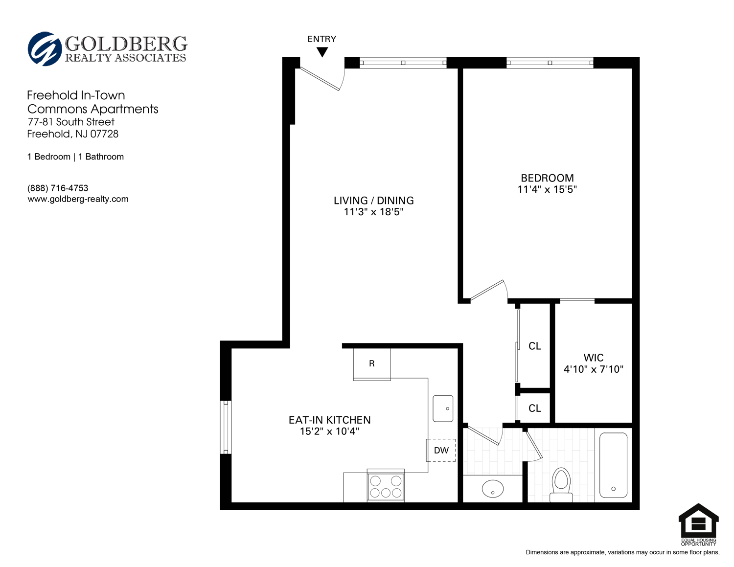 Floor plan for 1 bed, 1 bath, 750 sqft