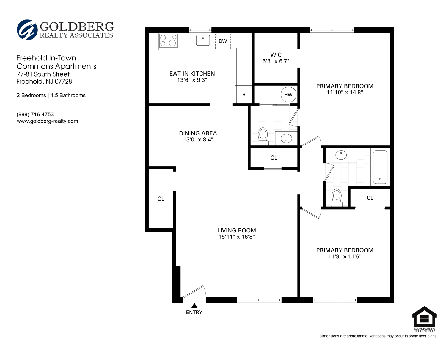 Floor plan for 2 beds, 1.5 baths, 1125 sqft