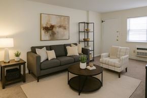 Freehold apartment for rent - A living room with a grey couch, a white chair, and a coffee table.