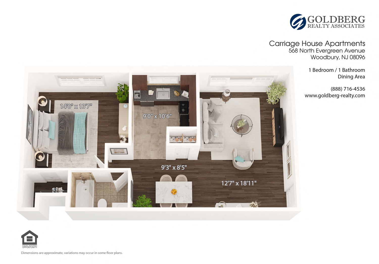 Floor plan for 1 bed, 1 bath, 735 sqft