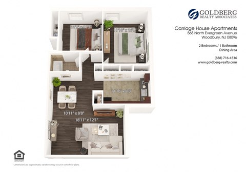 Floor plan for 2 beds, 1 bath, 950 sqft