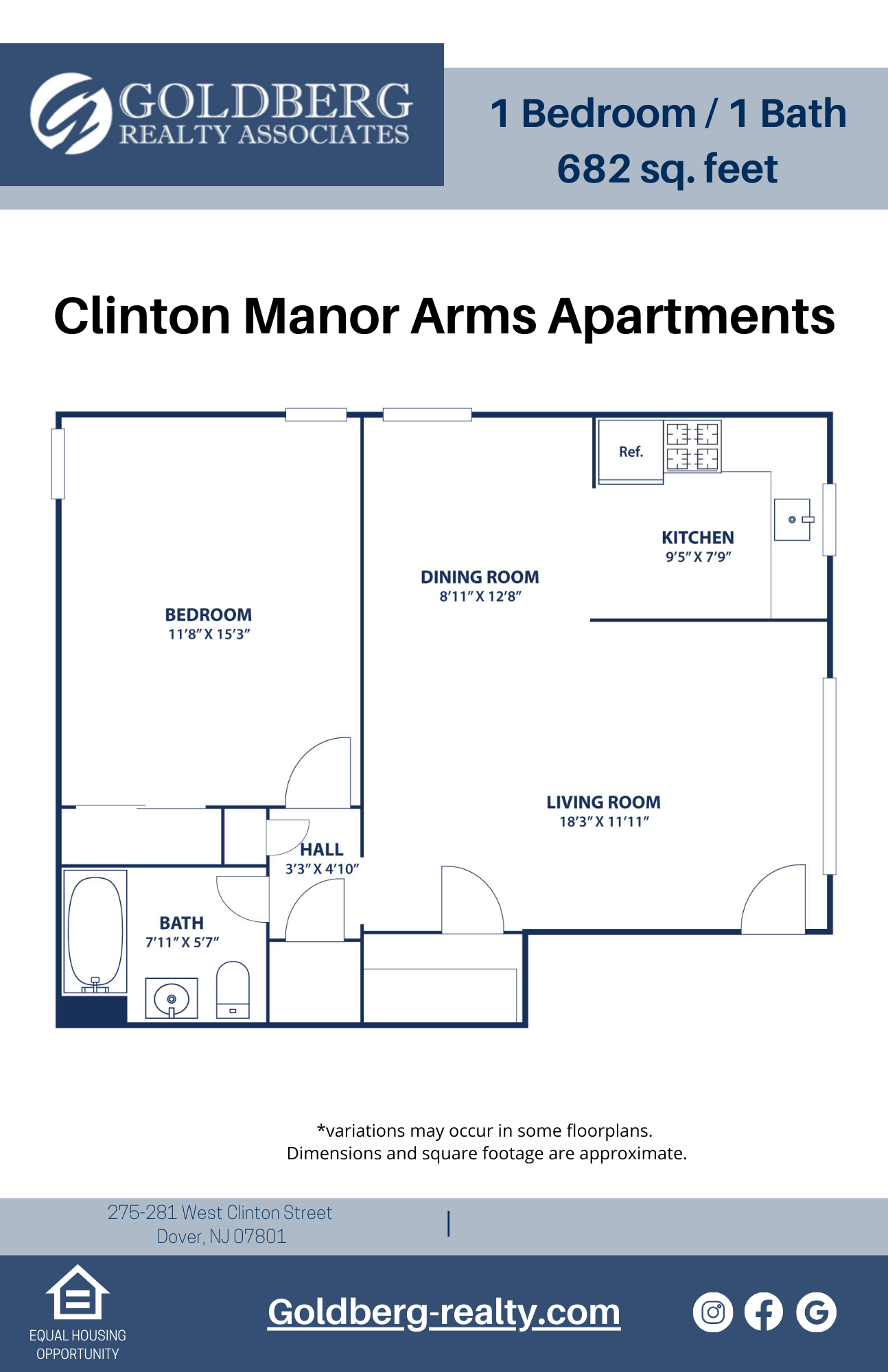 Floor plan for 1 bed, 682 sqft