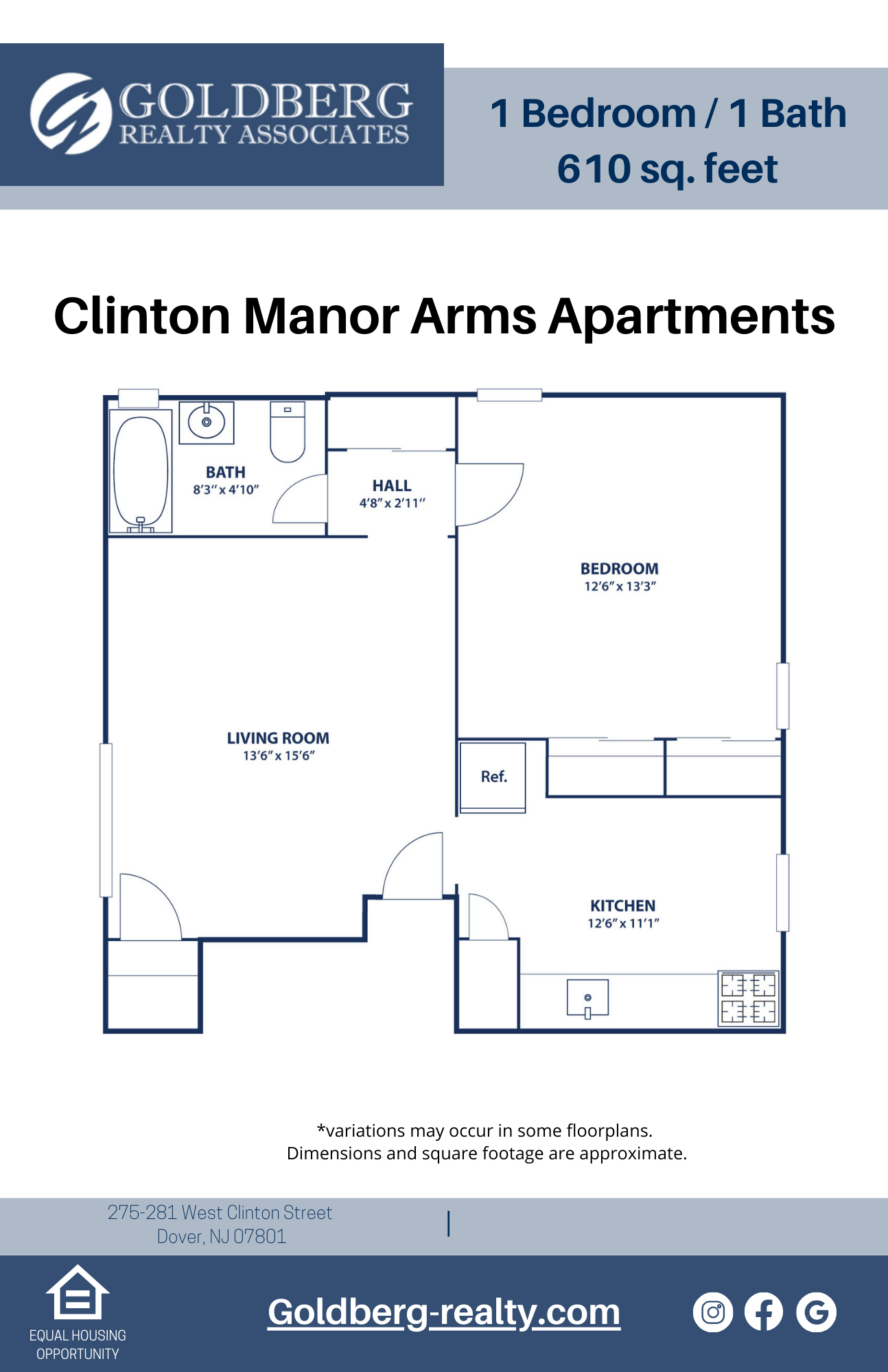 Floor plan for 1 bed, 1 bath, 610 sqft