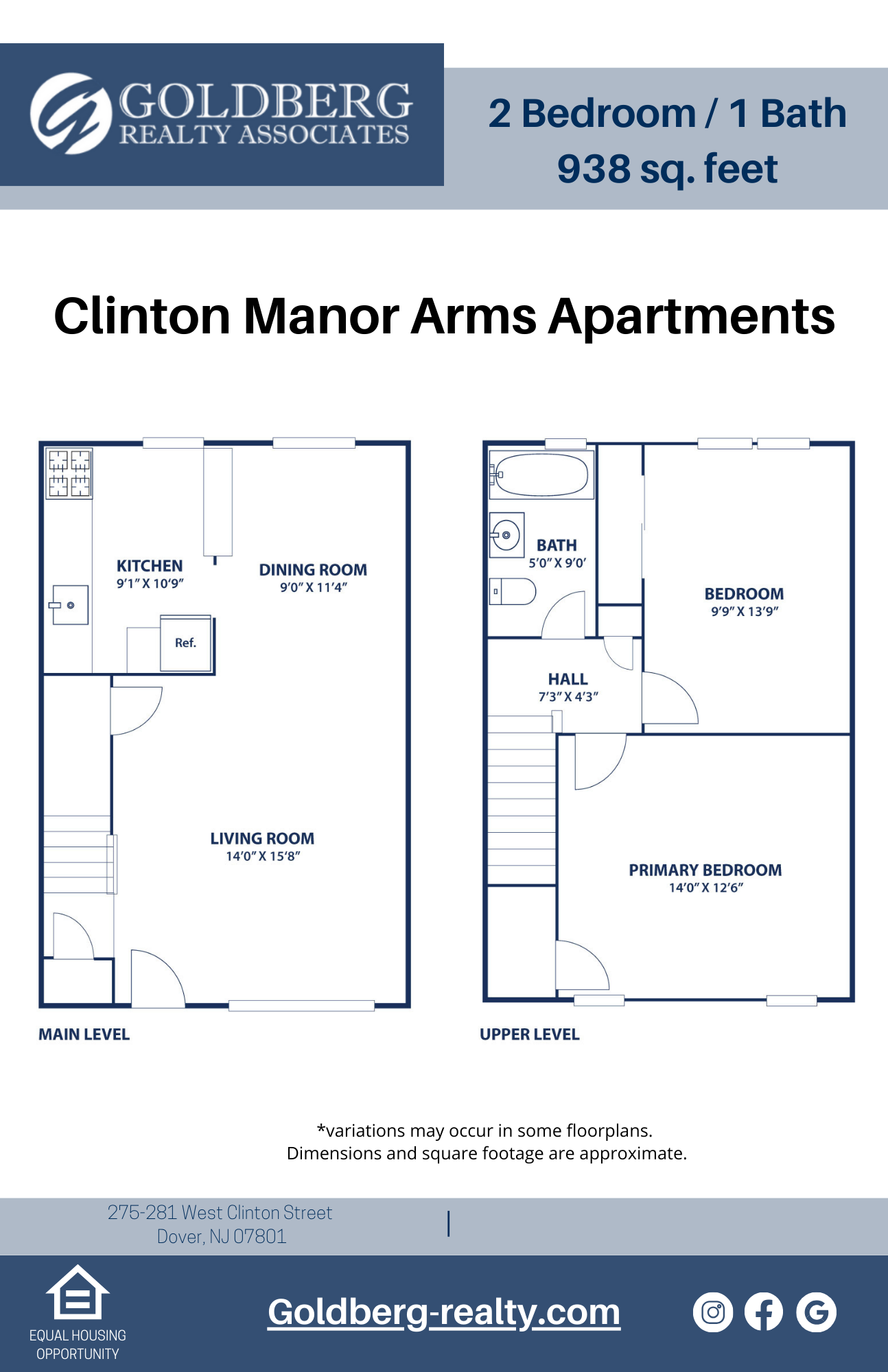Floor plan for 2 beds, 1 bath, 938 sqft
