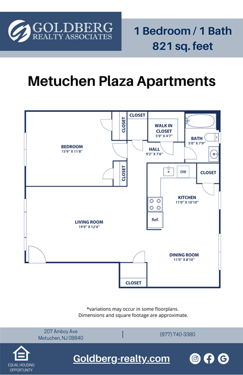Floor plan for 1 bed, 1 bath, 821 sqft