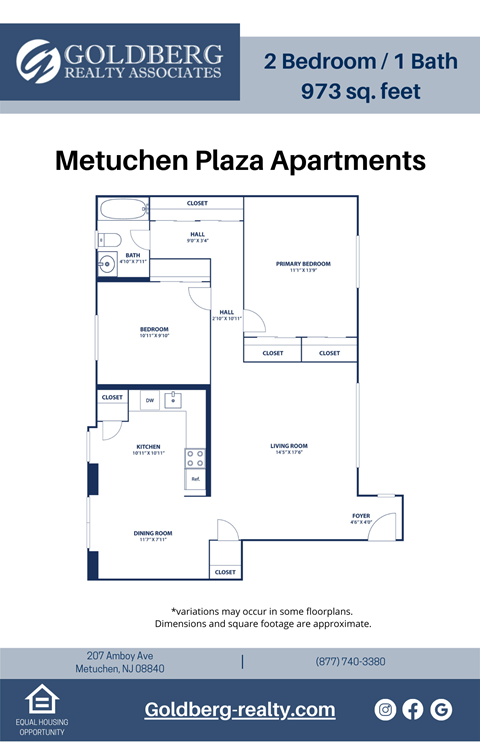 Floor plan for 2 beds, 1 bath, 973 sqft