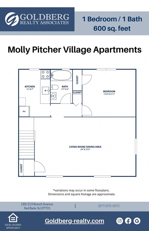 Floor plan for 1 bed, 1 bath, 600 sqft