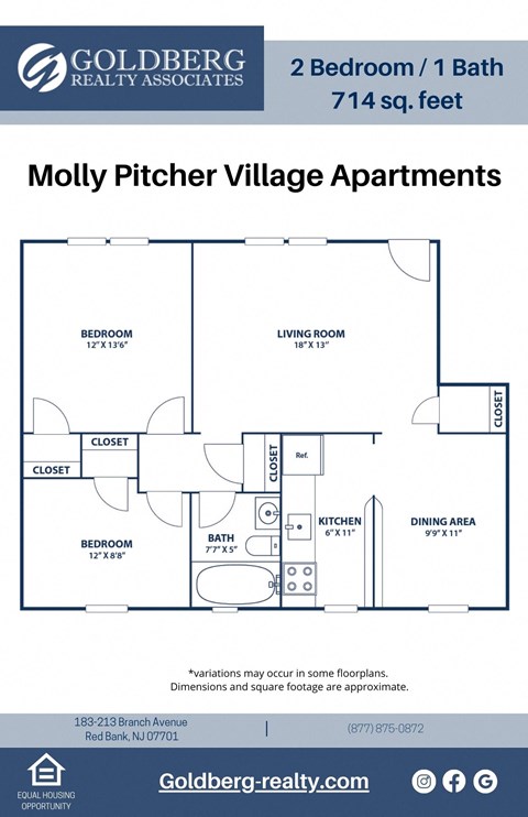 Floor plan for 2 beds, 1 bath, 714 sqft