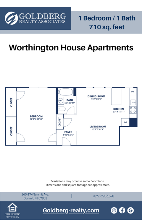 Floor plan for 1 bed, 1 bath, 710 sqft