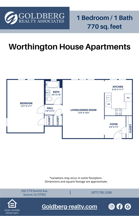 Floor plan for 1 bed, 1 bath, 770 sqft