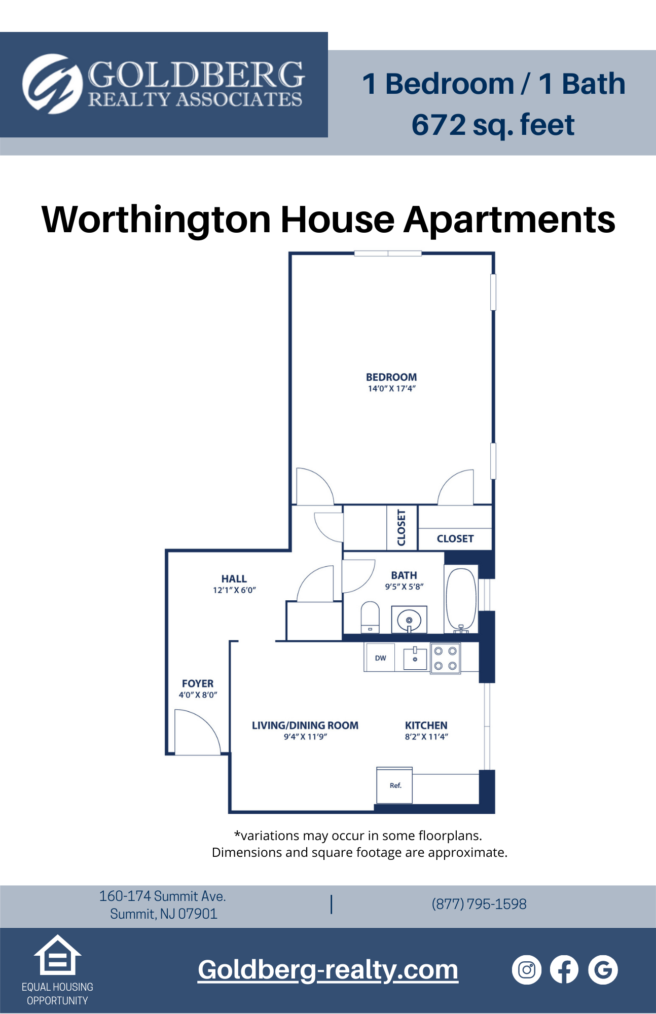 Floor plan for 1 bed, 1 bath