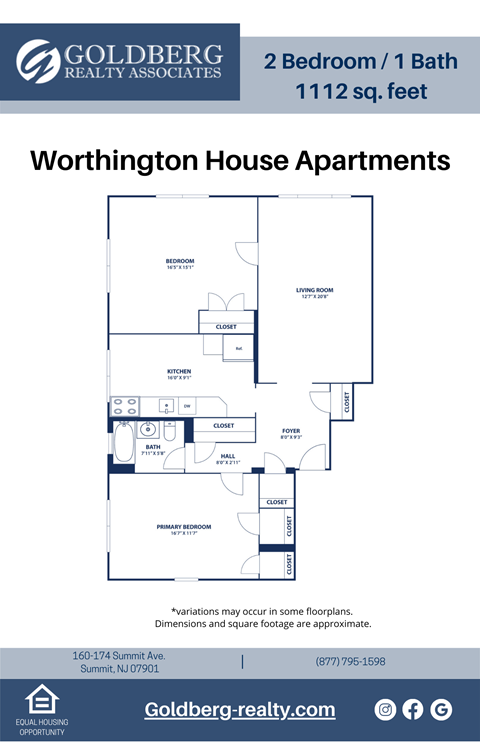Floor plan for 2 beds, 1 bath, 1112 sqft