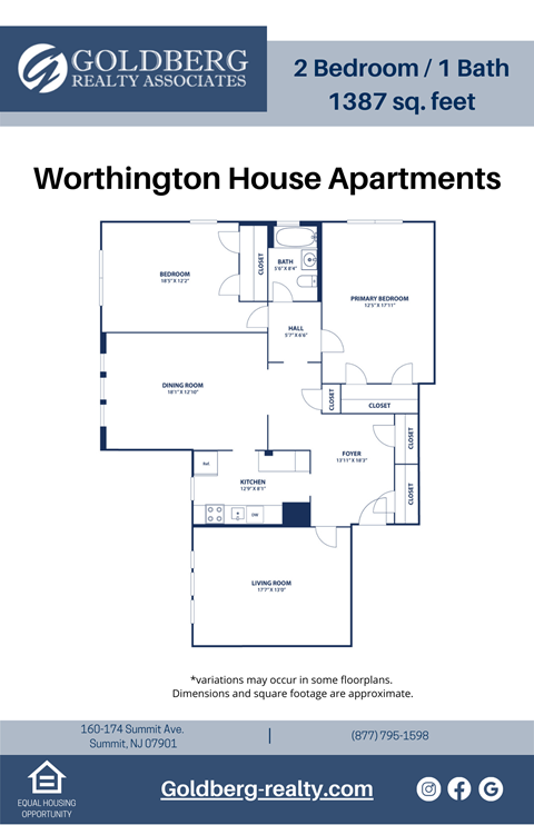 Floor plan for 2 beds, 1 bath, 1387 sqft