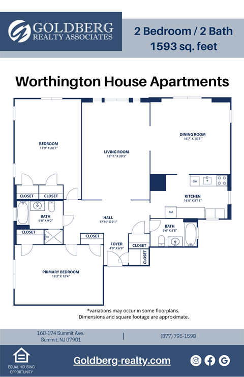 Floor plan for 2 beds, 2 baths, 1593 sqft