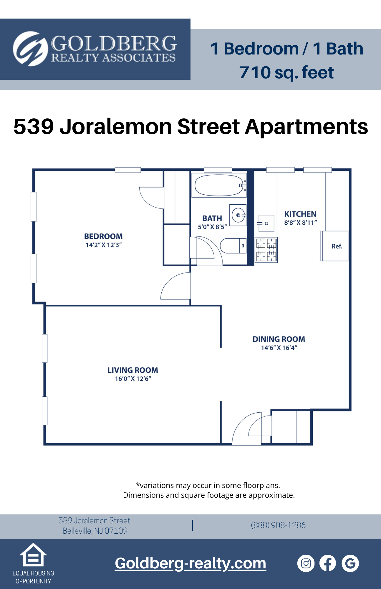 Floor plan for 1 bed, 1 bath, 710 sqft