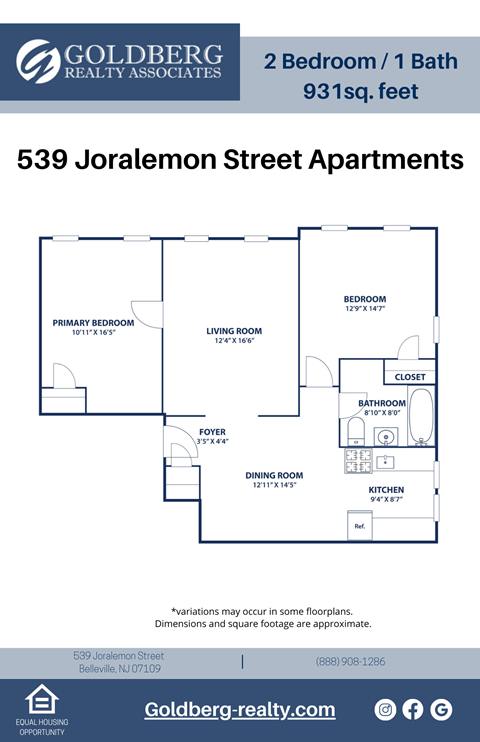 Floor plan for 2 beds, 1 bath, 931 sqft