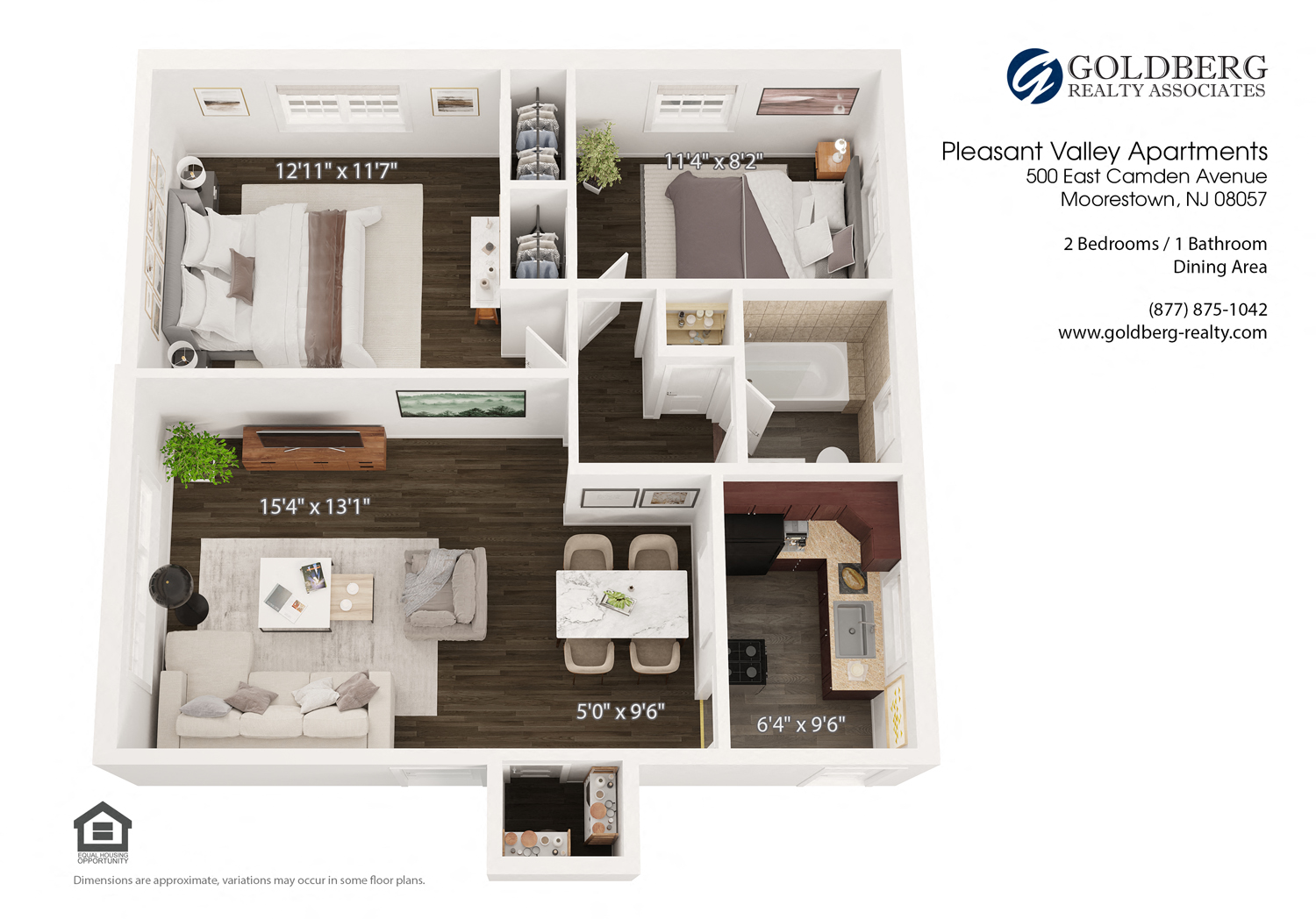 Floor plan for 2 beds, 1 bath, 740 sqft