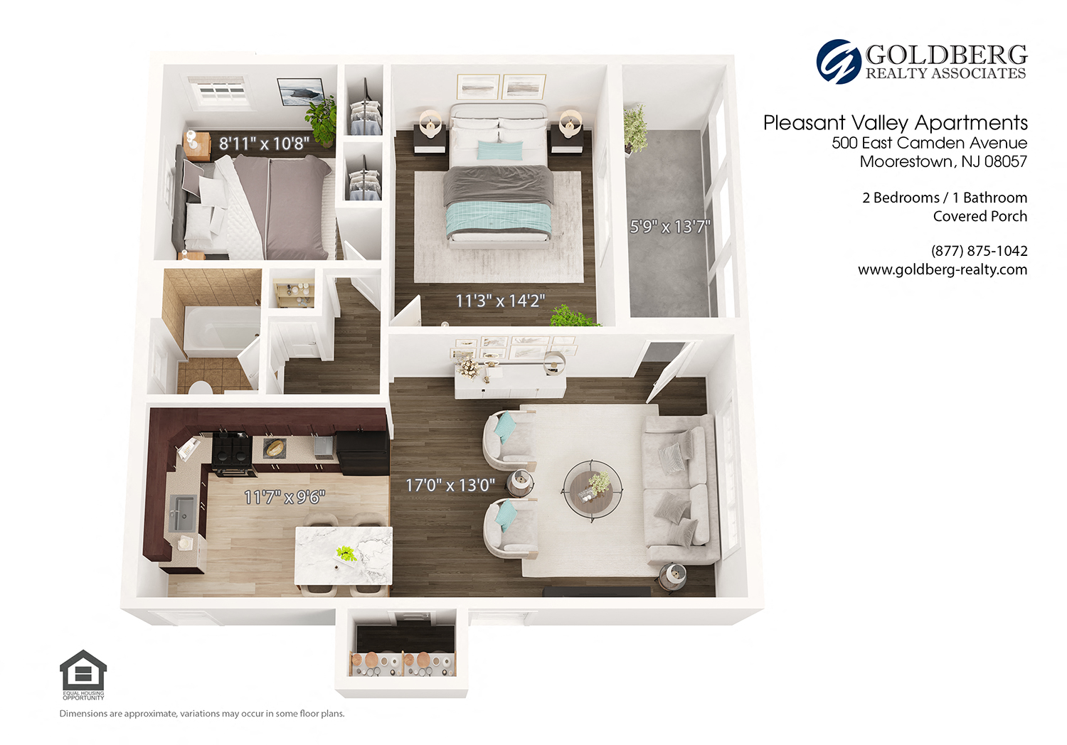 Floor plan for 2 beds, 1 bath, 790 sqft