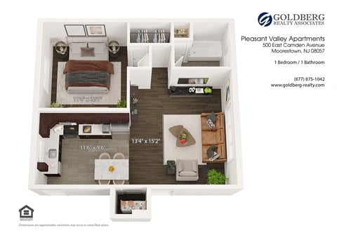 Floor plan for 1 bed, 1 bath, 610 sqft