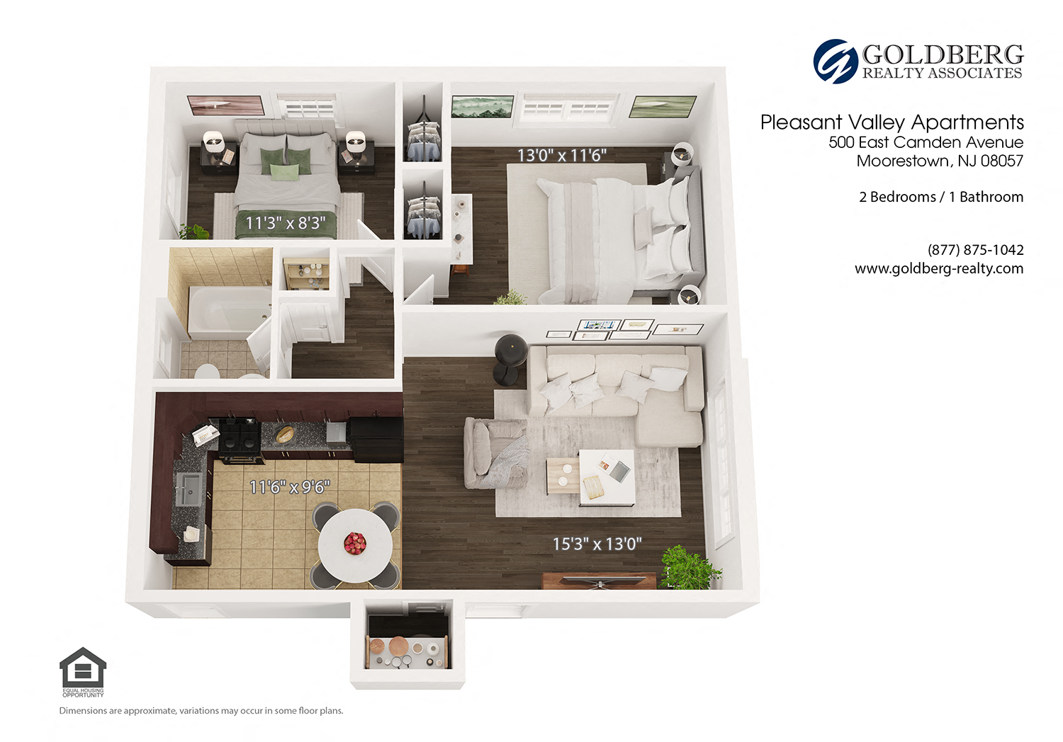 Floor plan for 2 beds, 1 bath, 740 sqft