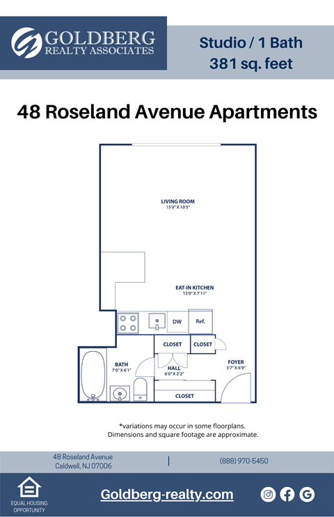 Floor plan for studio, 1 bath, 381 sqft