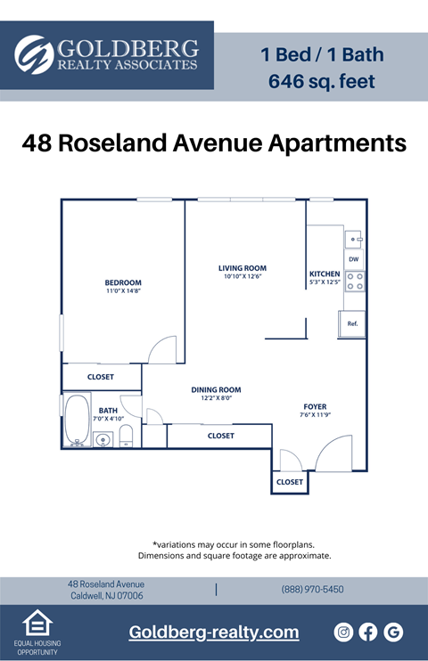 Floor plan for 1 bed, 1 bath, 646 sqft