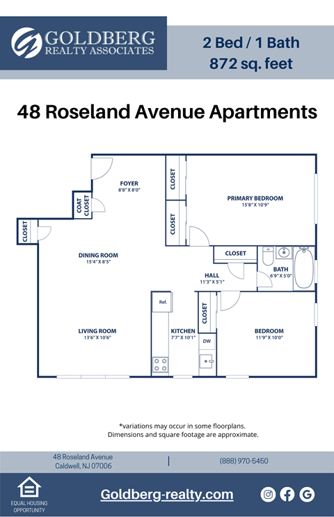 Floor plan for 2 beds, 1 bath, 872 sqft