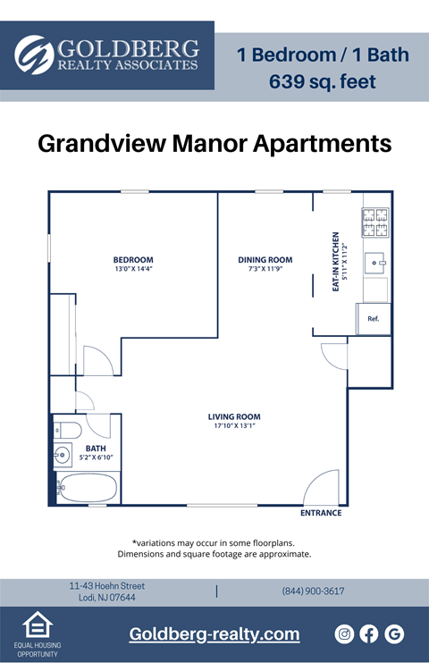 Floor plan for 1 bed, 1 bath, 639 sqft