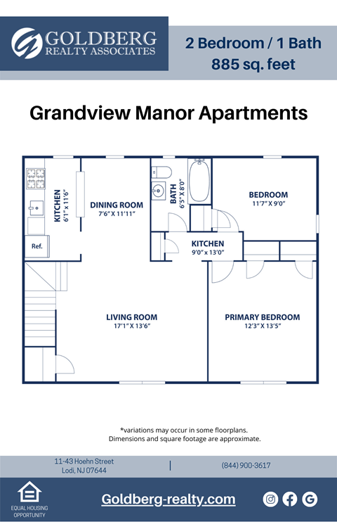 Floor plan for 2 beds, 1 bath, 885 sqft