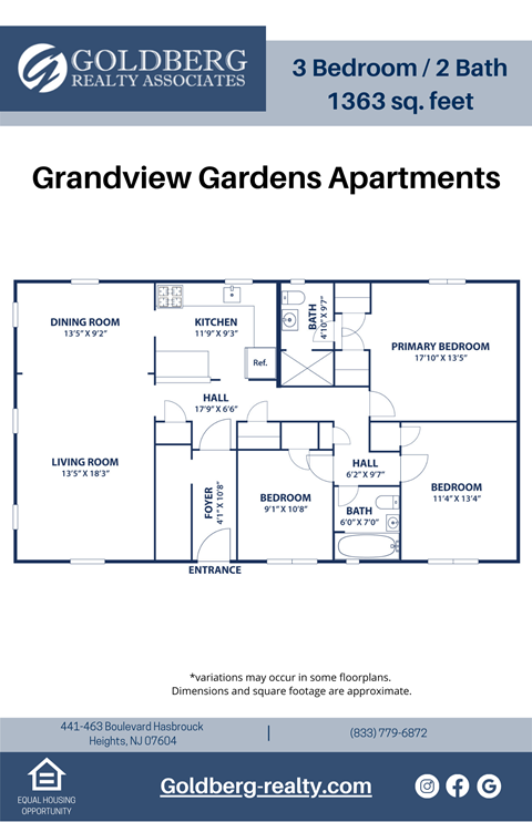Floor plan for 3 beds, 1 bath, 1363 sqft