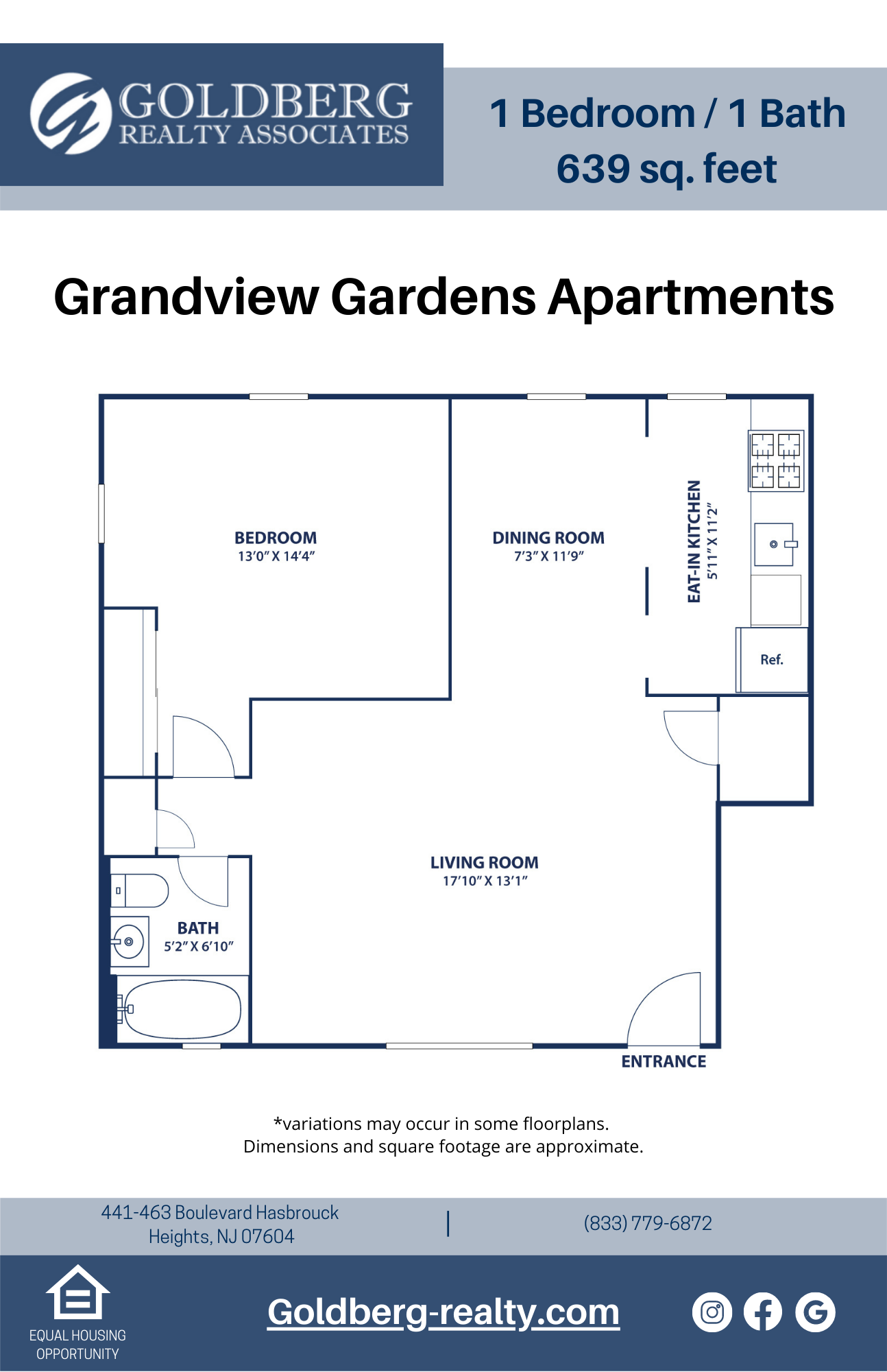 Floor plan for 1 bed, 1 bath, 639 sqft