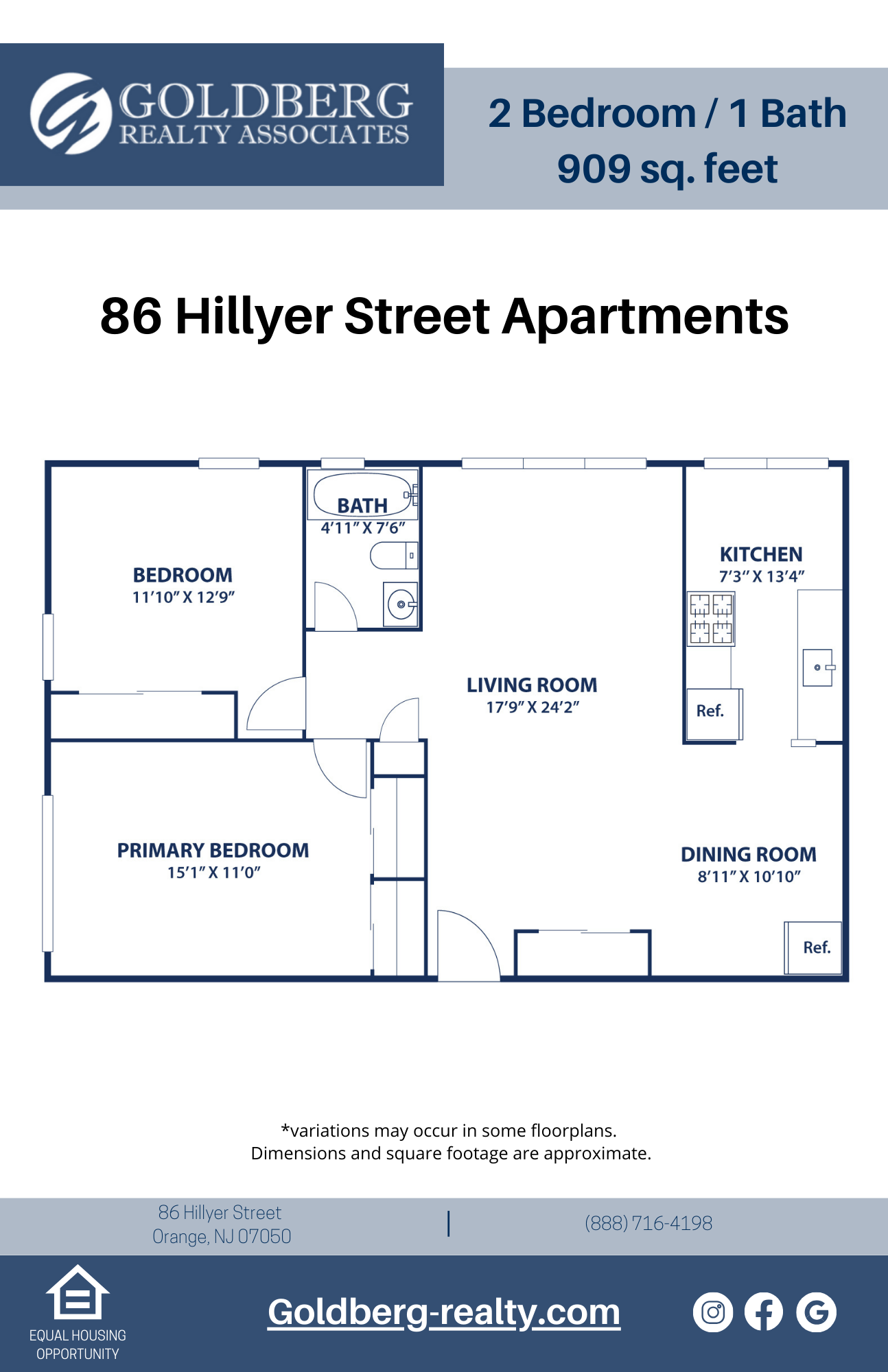Floor plan for 2 beds, 1 bath, 909 sqft