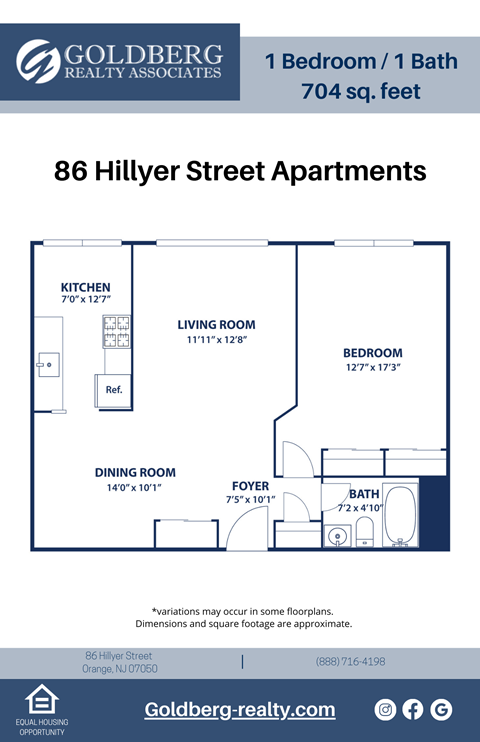 Floor plan for 1 bed, 1 bath, 704 sqft
