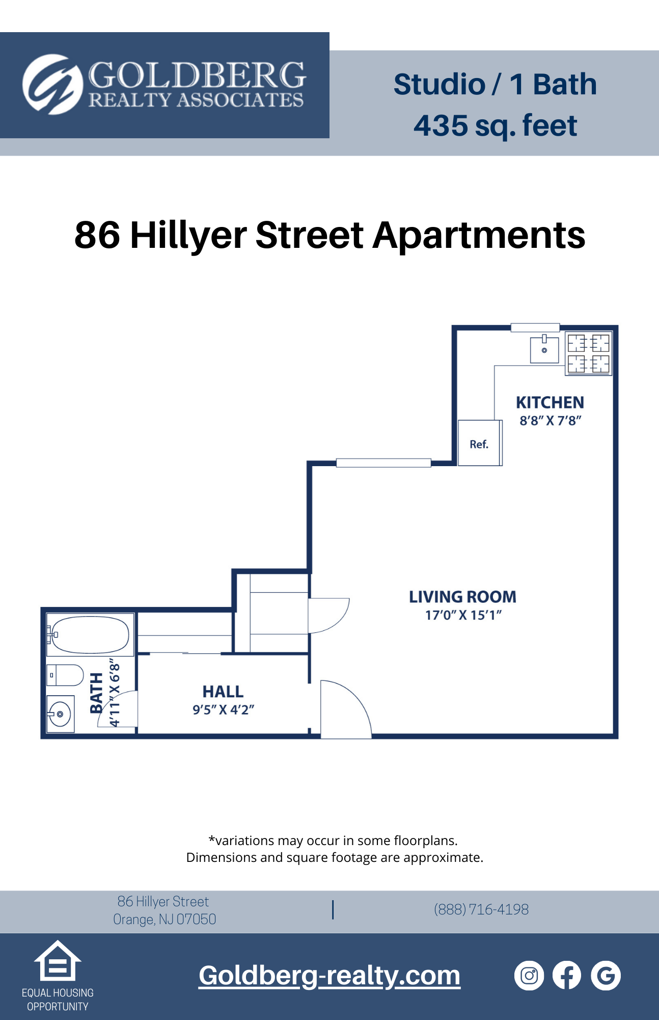 Floor plan for studio, 1 bath, 435 sqft